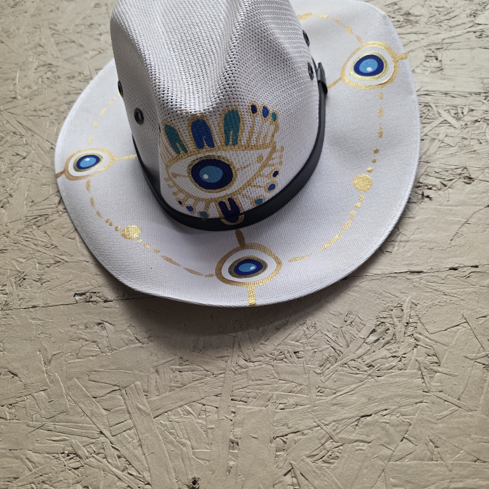 Men's White Hat with Gold and Blue Eye Design